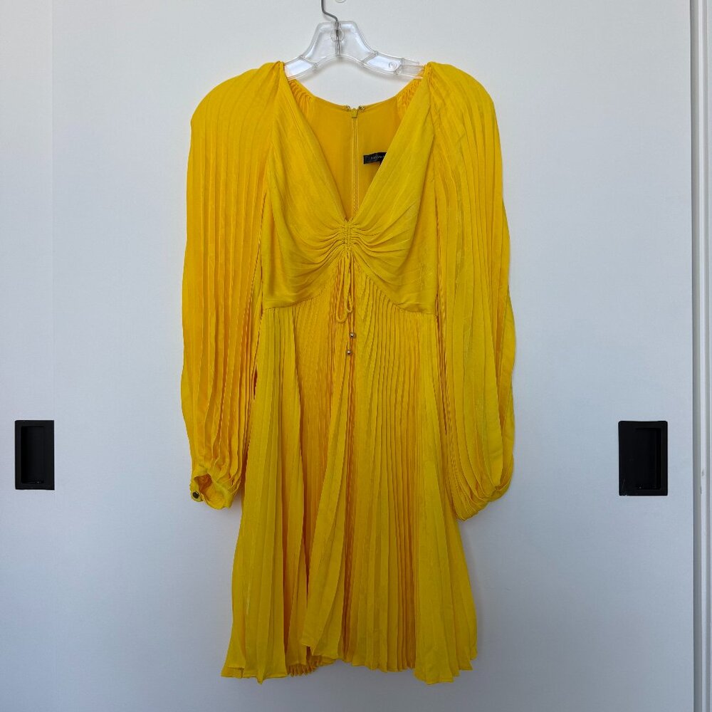 V neck, pleated, yellow, long sleeve mini dress
